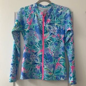 Lilly Pulitzer Bennet Blue Celestial Seas Women’s UPF 50 Sunny Rash Guard L EUC